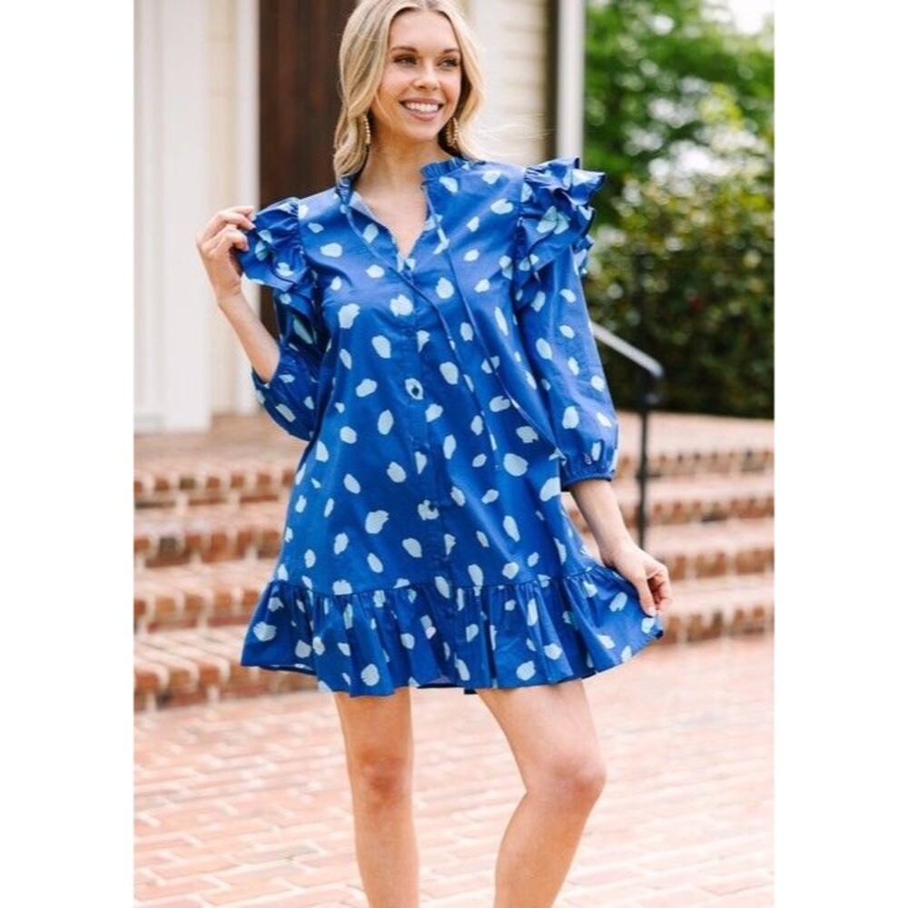 Sugarlips Wom Sz XS Odessa Dot Sammy Ruffle Drop Waist Dress Blue Dot Print EUC